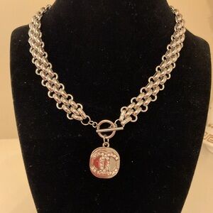 #95 Silvertone Toggle Necklace With Silvertone/Rhinestone Charm